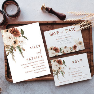 Modern Boho Flowers Terracotta Wedding Invitation