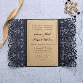 Vintage Black Lace Laser Cut Wedding Invitations With Gold Ribbon Swws113