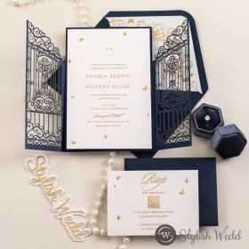 Vintage Gold Foiled Letterpress Wedding Invitation With Laser Cut Wrap Swws381