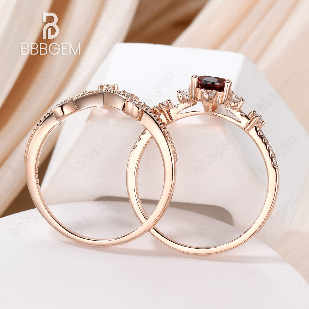 14K/18K Rose Gold Vintage Pear Cut Natural Garnet Statement Ring Set January New Year Gift