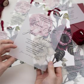 Vintage Moody Burgundy And Blush Floral Vellum Overlay Wedding Invitation CDI034