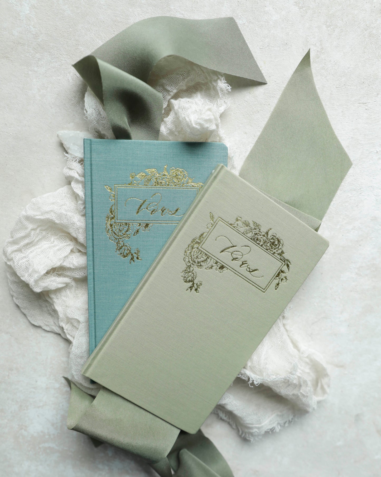 Wedding Vow Books With Gold Foil Press In Linen Cover-Pair Of 2 / Ocean Blue + Olive Green