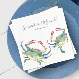 Watercolor Blue Crab Beach Wedding Personalized Na Napkins