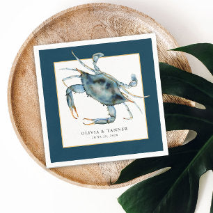 Watercolor Blue Crab Coastal Wedding Napkins