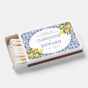 Watercolor Bluetile Mediterranean Lemon Wedding Matchboxes