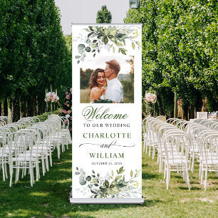 Watercolor Eucalyptus PHOTO Wedding Welcome Retractable Banner