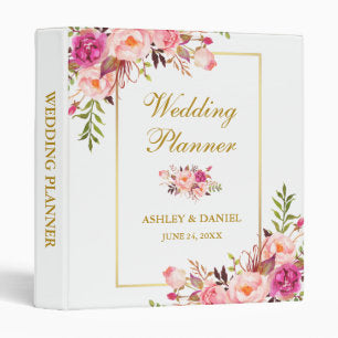 Watercolor Floral Gold Pink Wedding Planner 3 Ring Binder