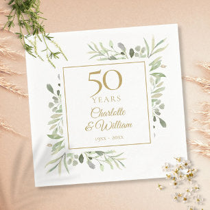 Watercolor Greenery Elegant Gold 50th Anniversary Napkins