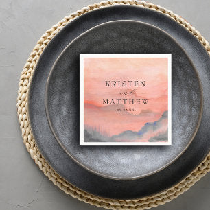 Watercolor Mountain Rustic Sunset Wedding Napkins