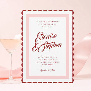 Wavy Frame Pink & Red Retro Playful Quirky Wedding Invitation