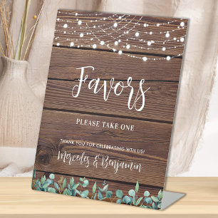 Wedding Favors Rustic Wood Greenery String Lights Pedestal Sign