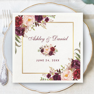 Wedding Watercolor Burgundy Floral Gold Napkins
