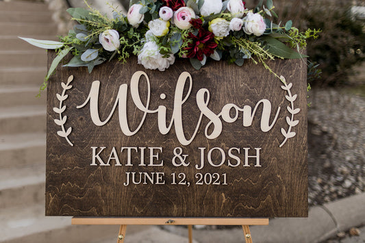 3D Wooden Laurel Welcome Wedding Sign. Laser Autumn