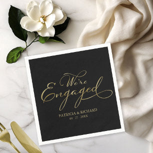 We're Engaged Black Gold Engagement Party Napkins