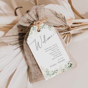 Whimsical Greenery and Gold Wedding Welcome Gift Tags