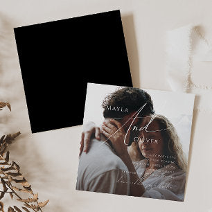 Whimsical Script Black Square Photo Wedding Invitation