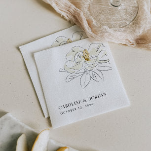White Magnolia Illustration Modern Minimal Wedding Napkins