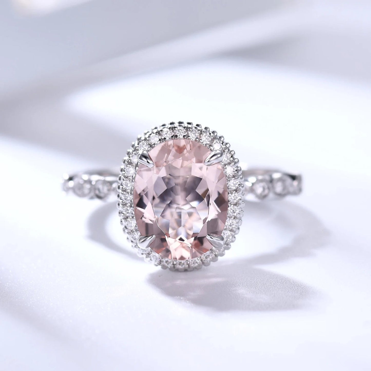 Hidden Halo 8x10mm Vintage Oval Peach Morganite Engagement Ring Rose Gold Art Deco Ring