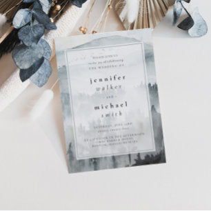 Winter Dusty Blue Mountain Minimalist Wedding Invitation