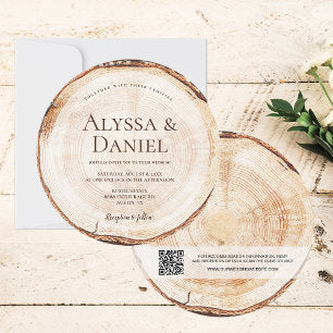 Wood Cut Grain QR Code Details Rustic Wedding Invitation