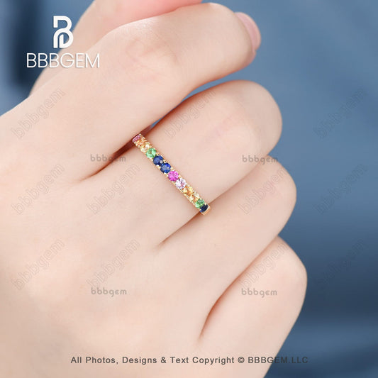 18K Yellow Gold Rainbow Sapphire Wedding Band In Half Eternity Pave Family Anniversary Ring