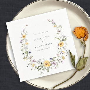 Yellow Lilac Wildflower Wreath Wedding Thank You Napkins