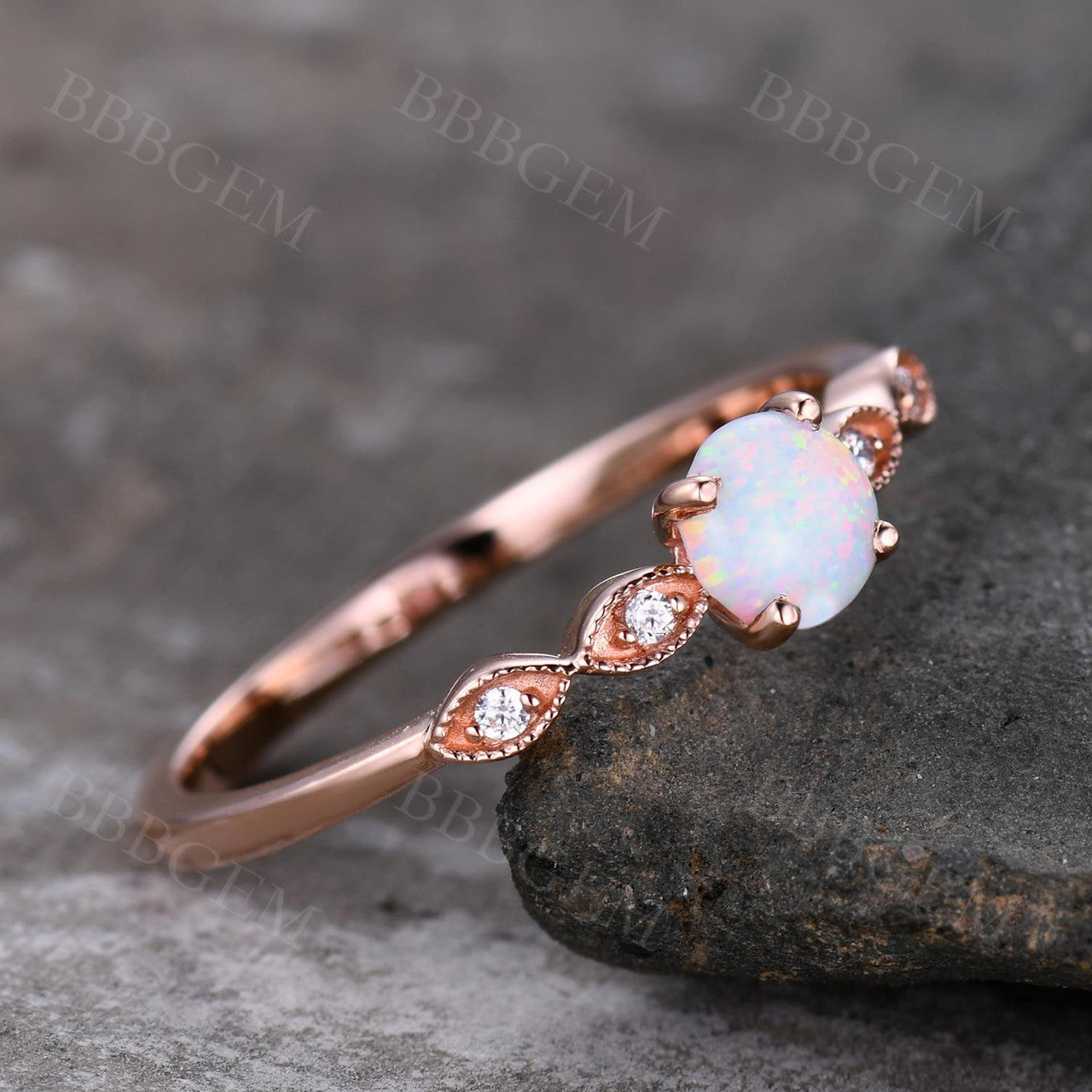 0.5 Carat Round White Opal Engagement Ring Diamond Accent Claissic