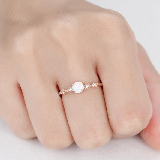 0.5 Carat Round White Opal Engagement Ring Diamond Accent Claissic
