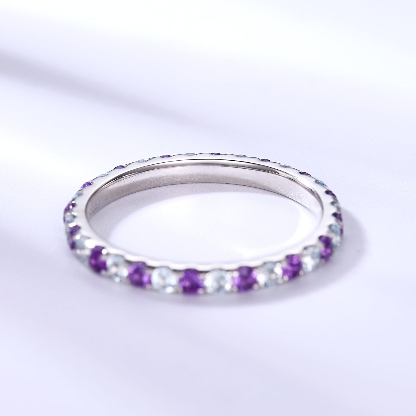 2mm Amethyst and Blue Topaz Wedding Ring 14K White Gold Birthstone Eternity Band
