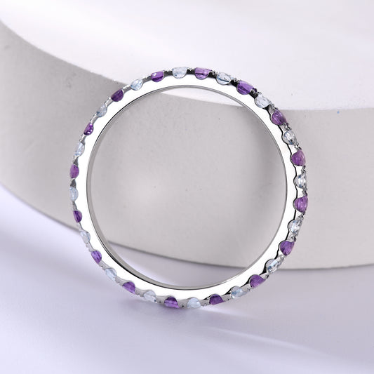 2mm Amethyst and Blue Topaz Wedding Ring 14K White Gold Birthstone Eternity Band