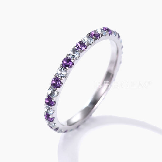 2mm Amethyst and Blue Topaz Wedding Ring 14K White Gold Birthstone Eternity Band