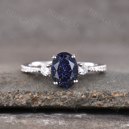 1.5 Carat Blue Sandstone Wedding Ring In White Gold Oval Cut Half Eternity Moissanite Stone Band