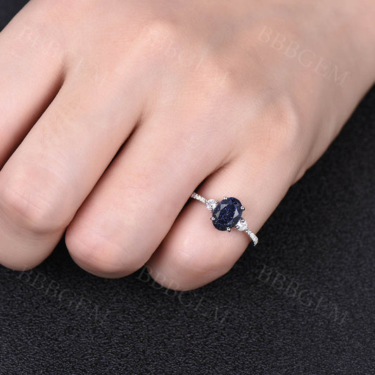 1.5 Carat Blue Sandstone Wedding Ring In White Gold Oval Cut Half Eternity Moissanite Stone Band