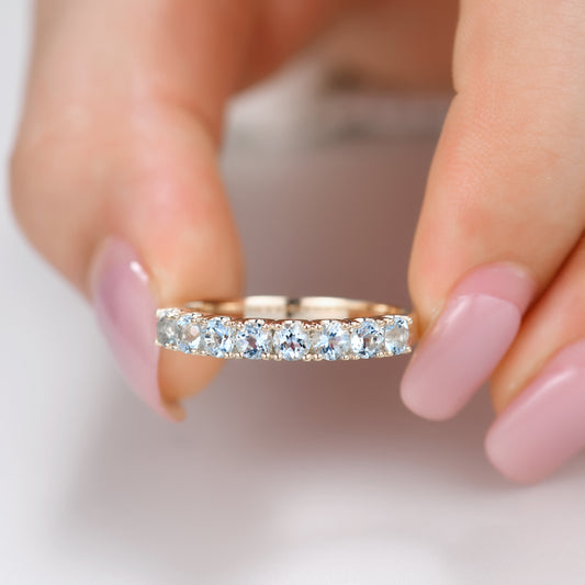 3mm Round Cut Blue Topaz Wedding Band 14K Yellow Gold Eternity Wedding Ring