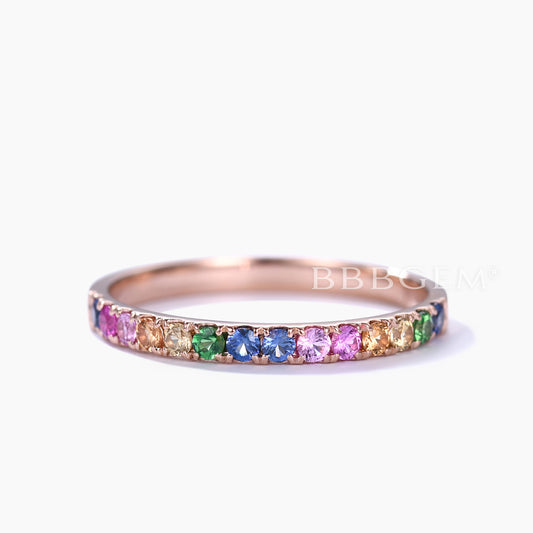 2mm Rainbow Sapphire Wedding Band 14k Rose Gold Half Eternity Women Band