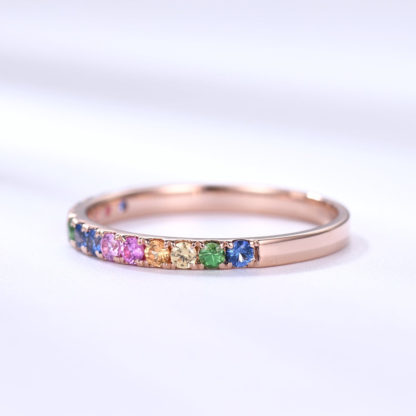 2mm Rainbow Sapphire Wedding Band 14k Rose Gold Half Eternity Women Band