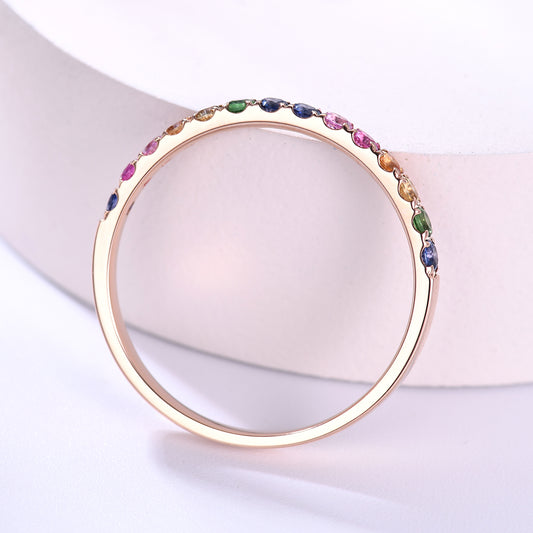 2mm Rainbow Sapphire Wedding Band 14k Rose Gold Half Eternity Women Band