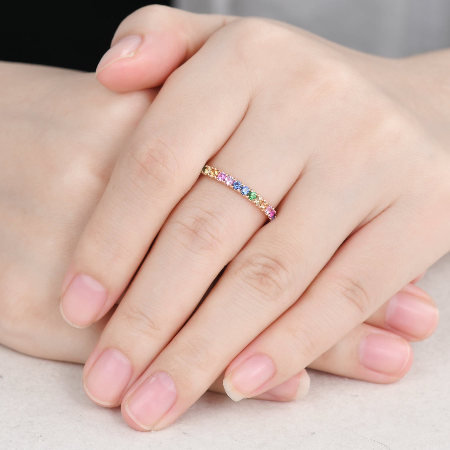 2mm Rainbow Sapphire Wedding Band 14k Rose Gold Half Eternity Women Band