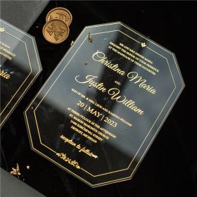 Luxury Border Gold Printing Clear Geometric Shaped Acrylic Wedding Invitations CAY011