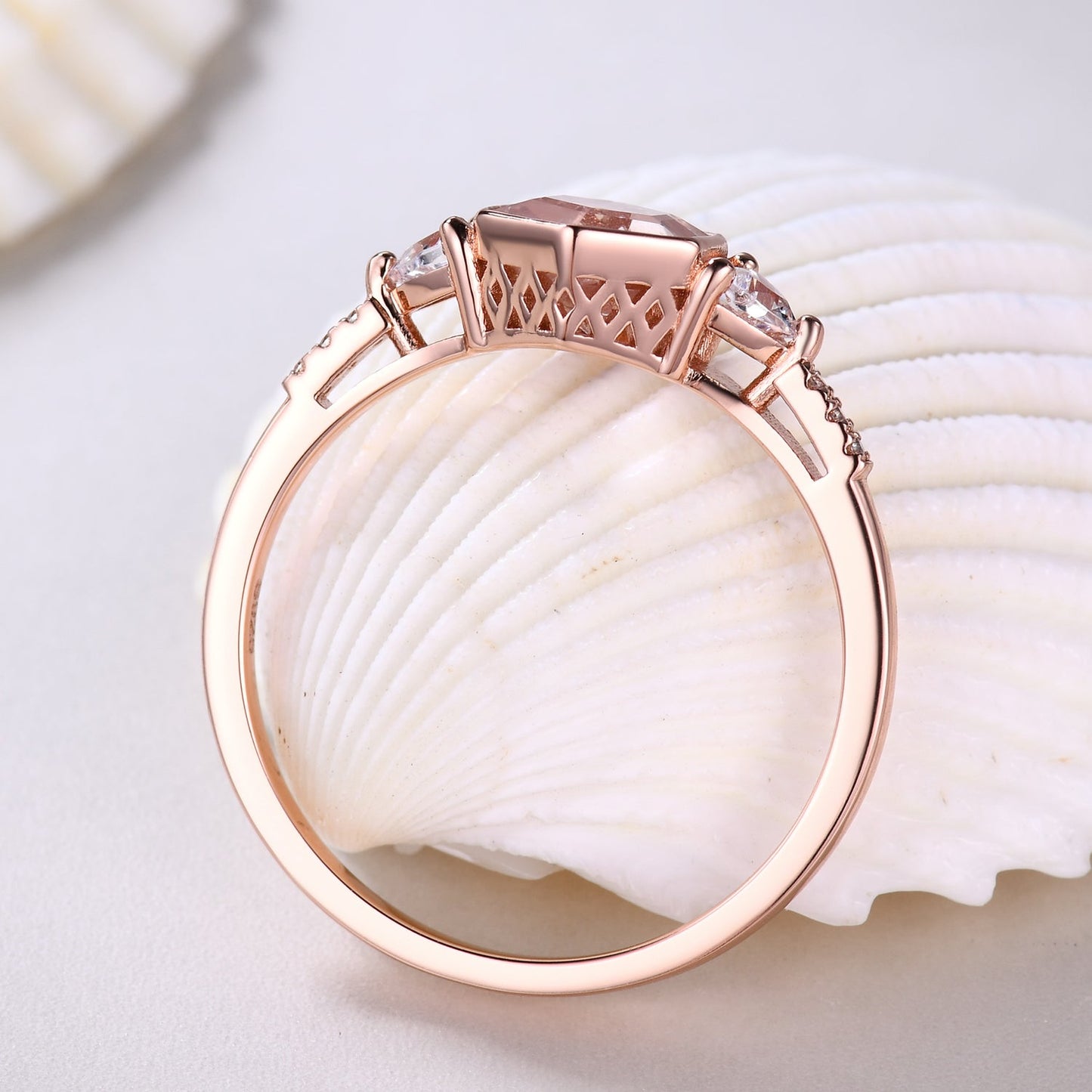 1 carat Hexagan Morganite and Trillian Morganite engagment Ring Unique Design