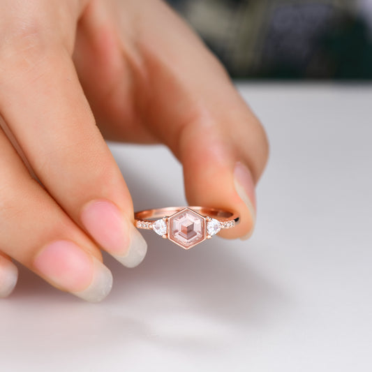 1 carat Hexagan Morganite and Trillian Morganite engagment Ring Unique Design
