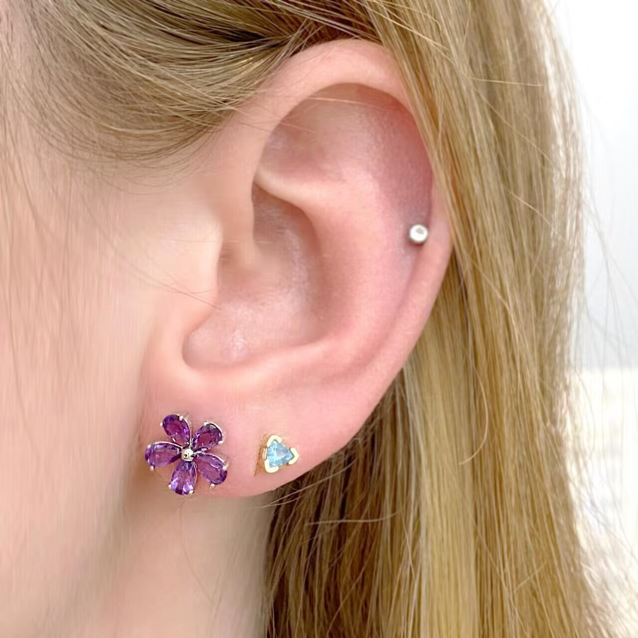 2ct Amethyst Flower Earrings in 5 Petal Floral Style Sterling Studs with Posts in Sterling Silver February Birthday Gift