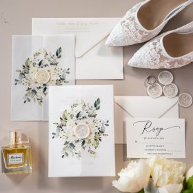 Modern Ivory Floral Wedding Invitations With Vellum Wrap And Ribbon Swpi125