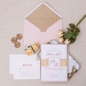 Luxury Rose Gold Laser Cut Wedding Invites With Glittery Bottom Card And Belly Band Swi071