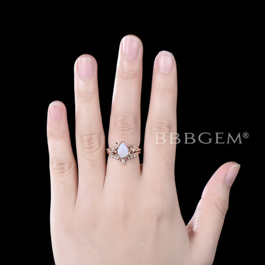 1.25ct Pear Shaped White Opal Diamond Twig Leaf Vine Engagement Ring Set