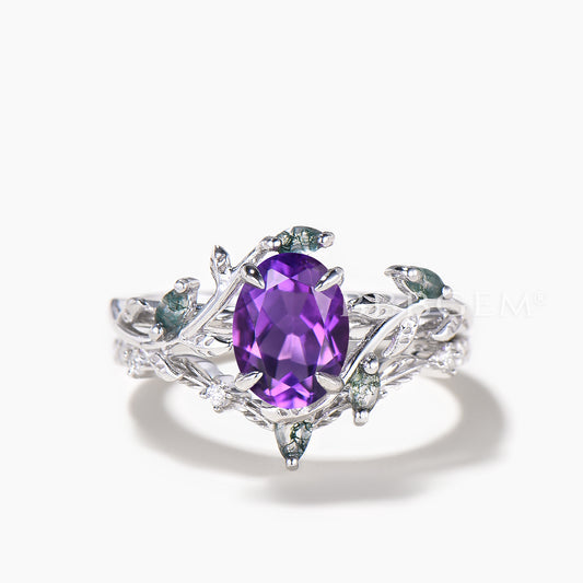 1.5CT Oval Cut Natural Amethyst Engagement Ring Moss Agate Leaf Bridal Set