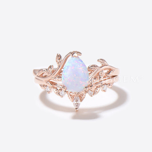 1.25ct Pear Shaped White Opal Diamond Twig Leaf Vine Engagement Ring Set