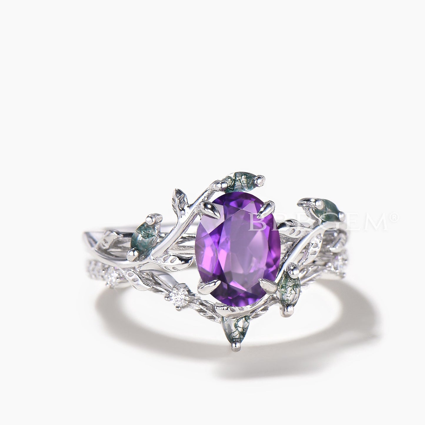 1.5CT Oval Cut Natural Amethyst Engagement Ring Moss Agate Leaf Bridal Set