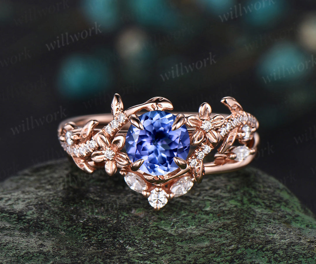 6.5mm Round Cut Tanzanite Engagement Ring Set Floral Twig Leaf Ring Curved Diamond Wedding Band Nature Inspired Bridal Set
