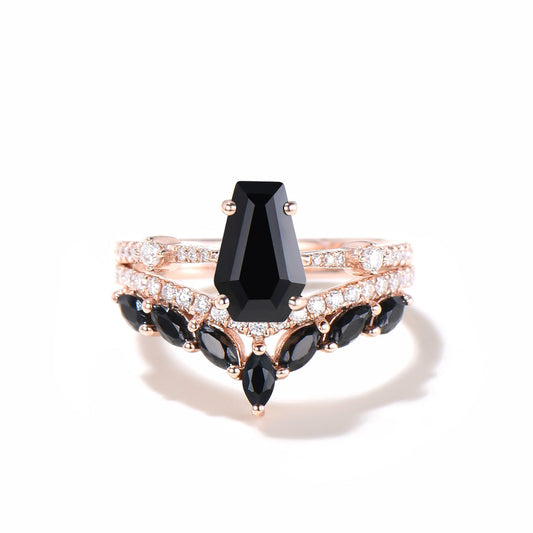 Gothic Coffin Shaped Wedding Set Black Onyx 14k Gold Ring & Marquise Cut Black Spinel Band